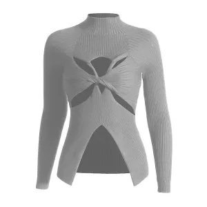 Crisscross Hollow Out Knitting Sweaters For Women Round Neck Long Sleeve Slimming Casual Chic Sweater Female