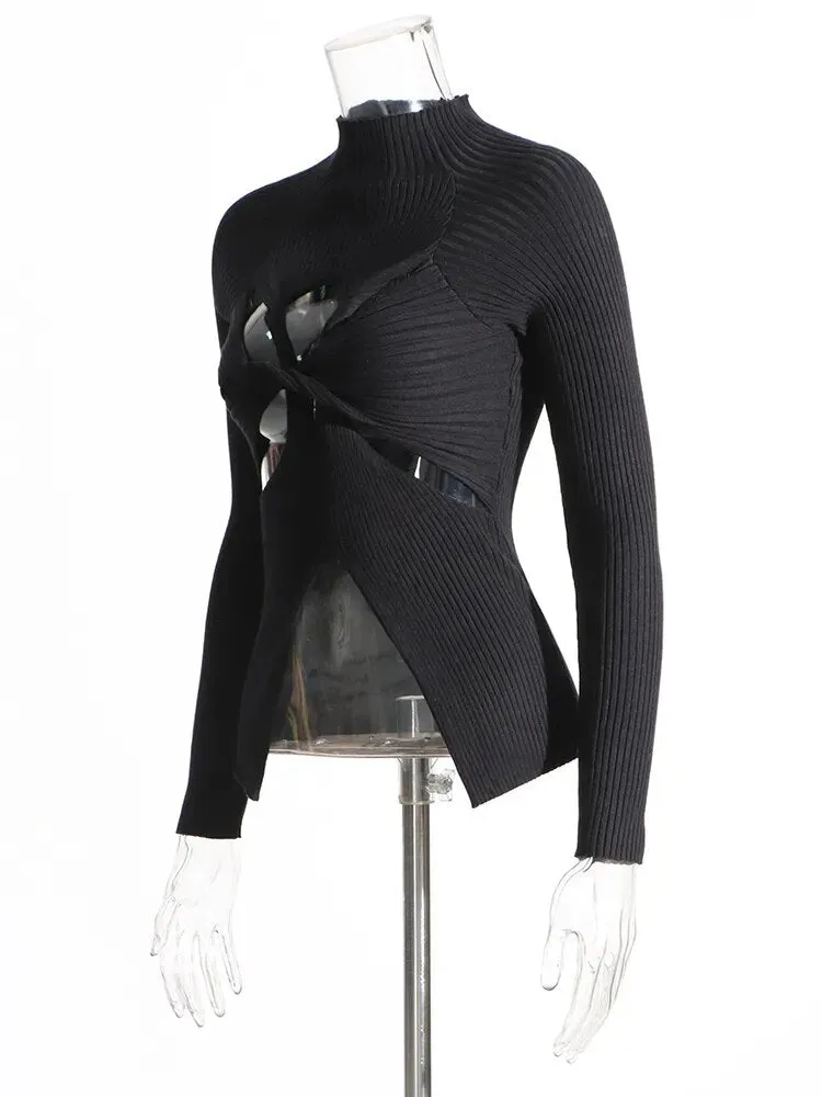 Crisscross Hollow Out Knitting Sweaters For Women Round Neck Long Sleeve Slimming Casual Chic Sweater Female