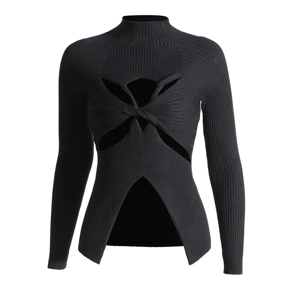 Crisscross Hollow Out Knitting Sweaters For Women Round Neck Long Sleeve Slimming Casual Chic Sweater Female