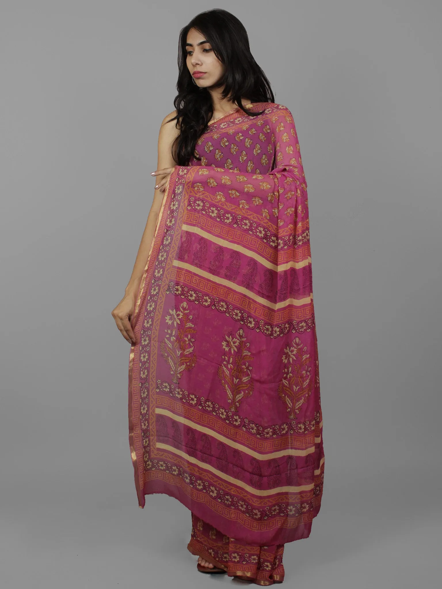 Dark Magenta Yellow Mustard Hand Block Printed Chiffon Saree - S031702109