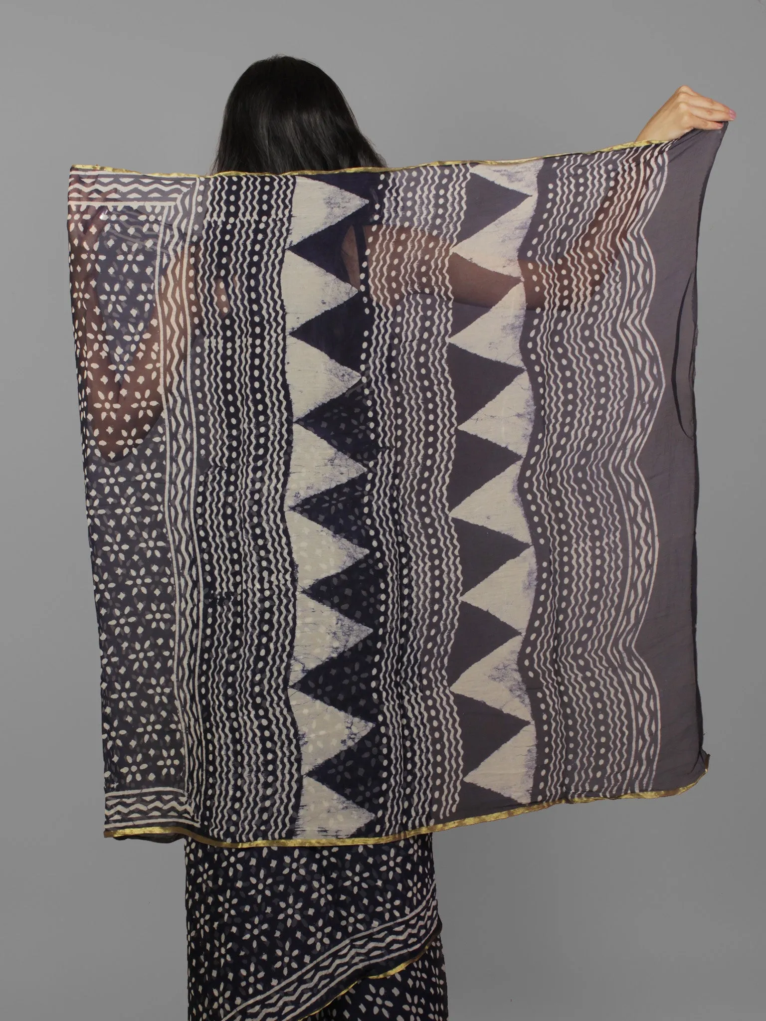Deep Indigo Ivory Hand Block Printed Chiffon Saree - S031702094