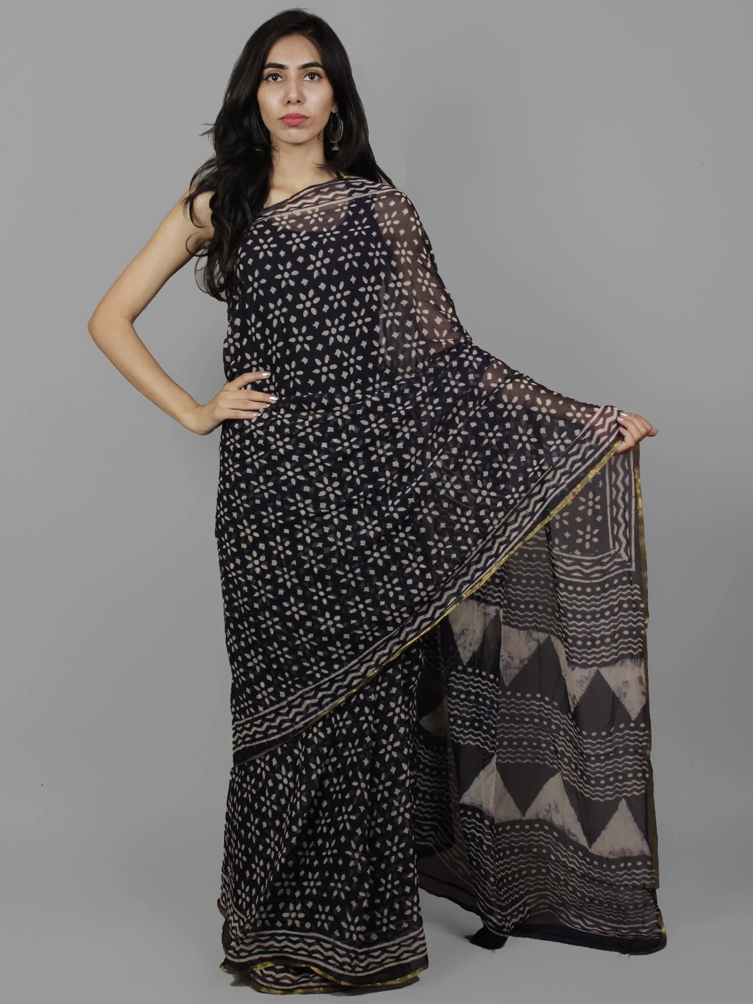 Deep Indigo Ivory Hand Block Printed Chiffon Saree - S031702094
