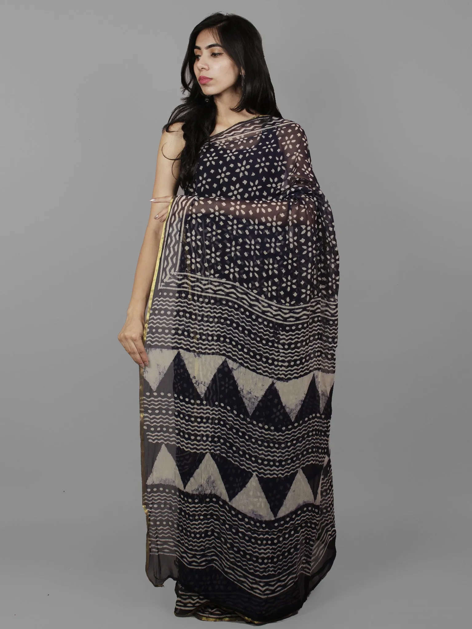 Deep Indigo Ivory Hand Block Printed Chiffon Saree - S031702094