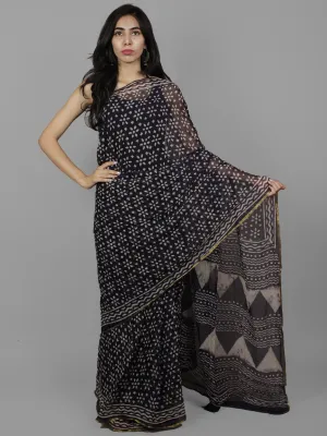 Deep Indigo Ivory Hand Block Printed Chiffon Saree - S031702094