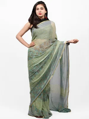 Fern Green Yellow Grey  Hand Block Printed Chiffon Saree with Zari Border - S031703287