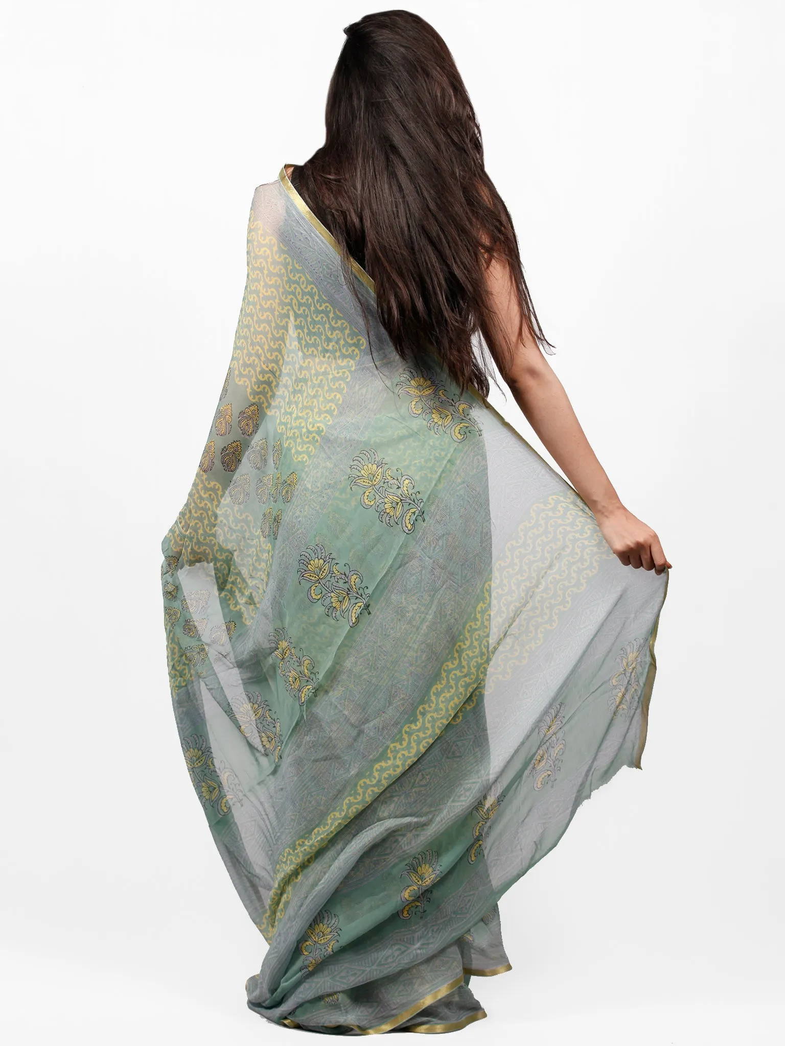 Fern Green Yellow Grey  Hand Block Printed Chiffon Saree with Zari Border - S031703287