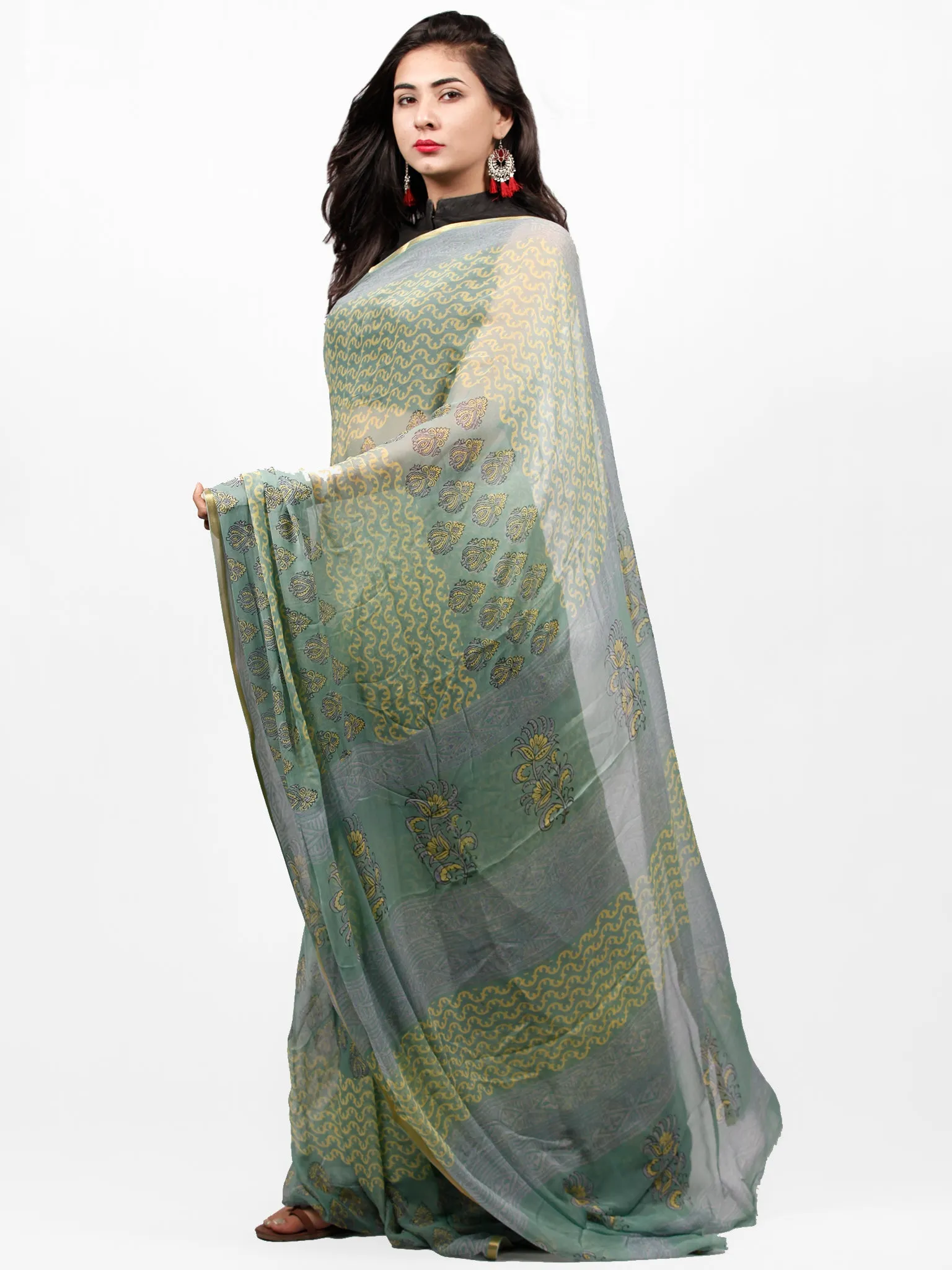 Fern Green Yellow Grey  Hand Block Printed Chiffon Saree with Zari Border - S031703287