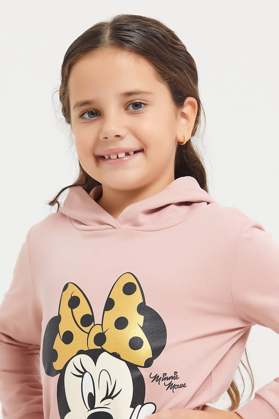 Girls Pink Minnie Mouse Printed Hooded Sweatshirt