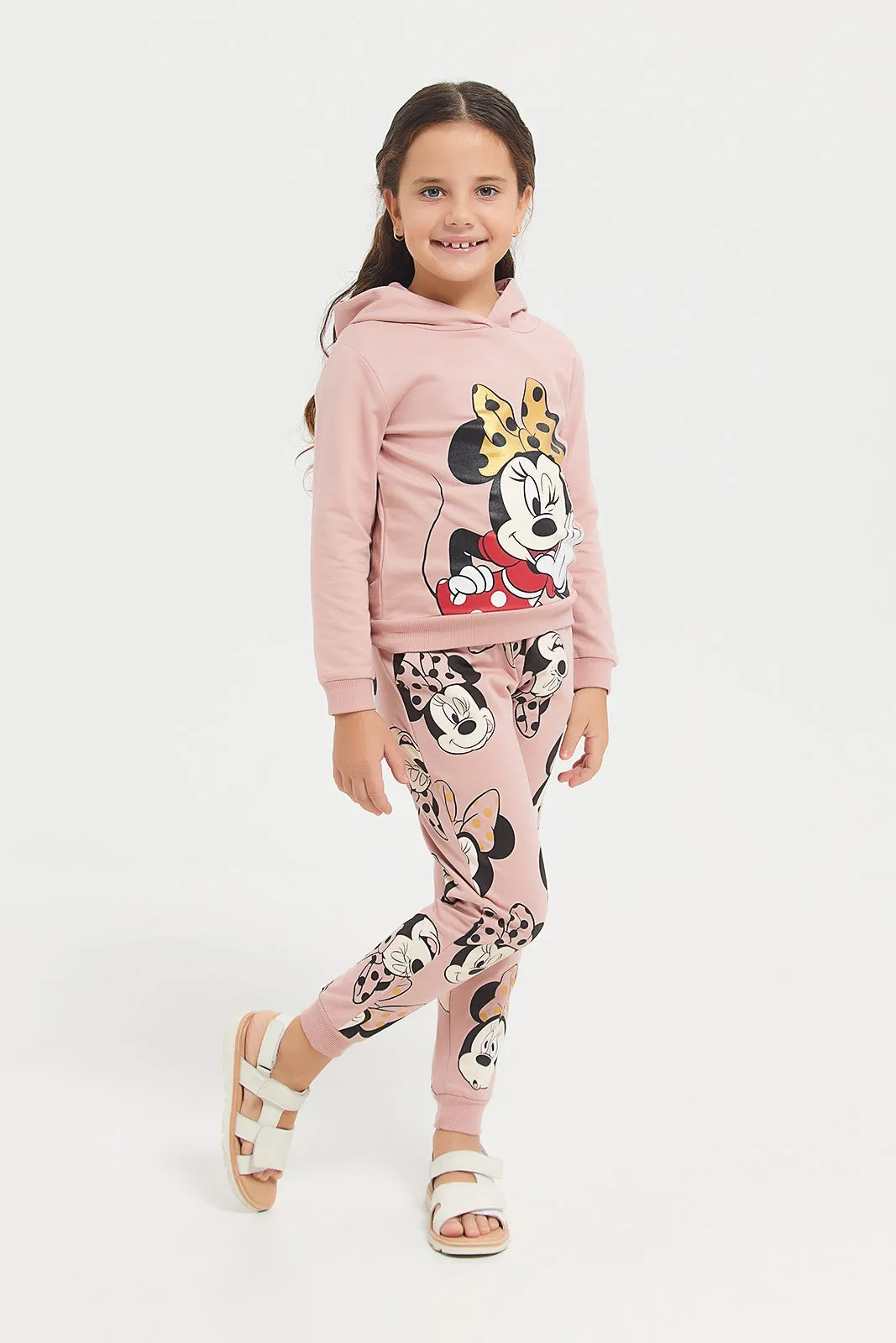 Girls Pink Minnie Mouse Printed Hooded Sweatshirt