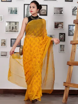Golden Yellow Orange Hand Block Printed Chiffon Saree with Zari Border - S031702749