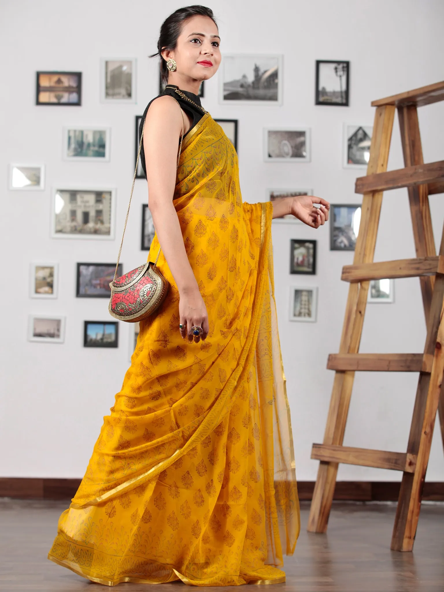 Golden Yellow Orange Hand Block Printed Chiffon Saree with Zari Border - S031702749