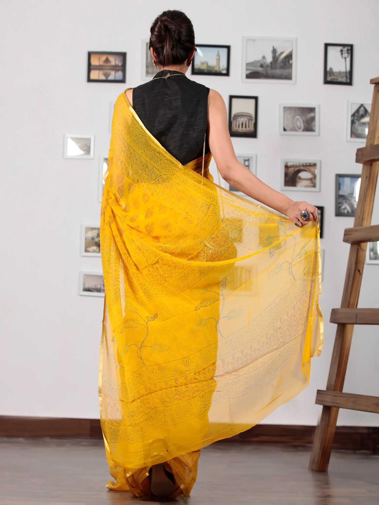 Golden Yellow Orange Hand Block Printed Chiffon Saree with Zari Border - S031702749