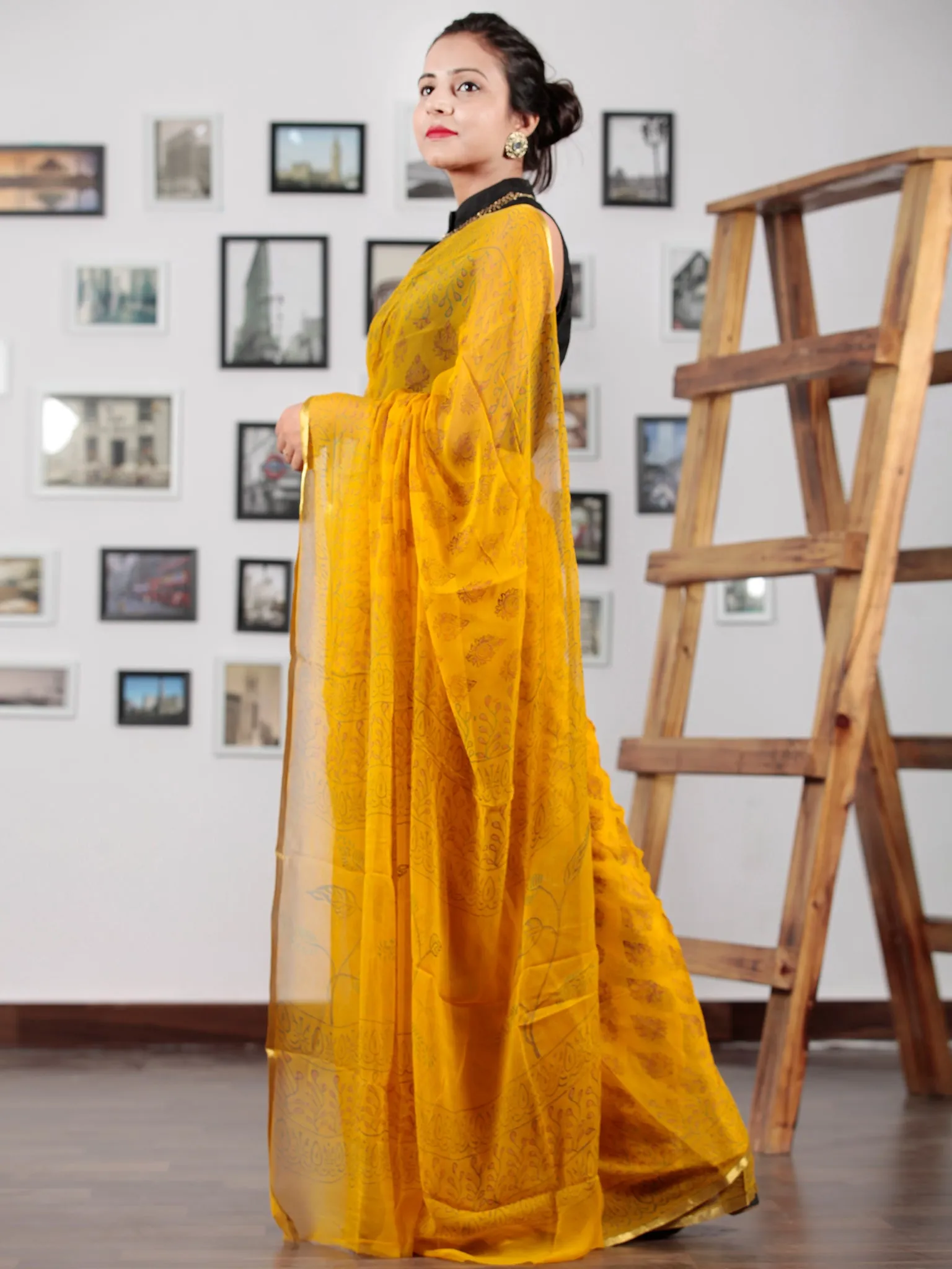 Golden Yellow Orange Hand Block Printed Chiffon Saree with Zari Border - S031702749