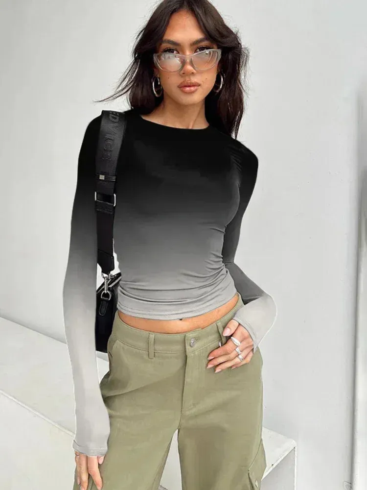 Gradient Printed Fitted Crop Tops Womans Clothing Fall Winter Casual Long Sleeve Shirt Y2k Clothes for Women C85-BZ14