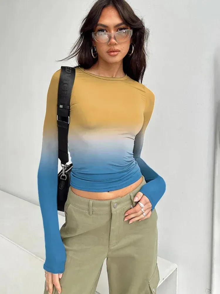 Gradient Printed Fitted Crop Tops Womans Clothing Fall Winter Casual Long Sleeve Shirt Y2k Clothes for Women C85-BZ14
