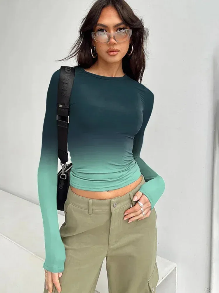 Gradient Printed Fitted Crop Tops Womans Clothing Fall Winter Casual Long Sleeve Shirt Y2k Clothes for Women C85-BZ14