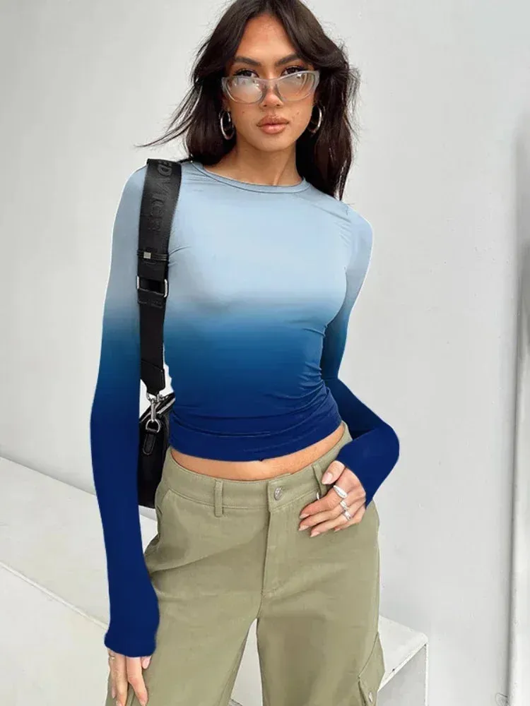 Gradient Printed Fitted Crop Tops Womans Clothing Fall Winter Casual Long Sleeve Shirt Y2k Clothes for Women C85-BZ14