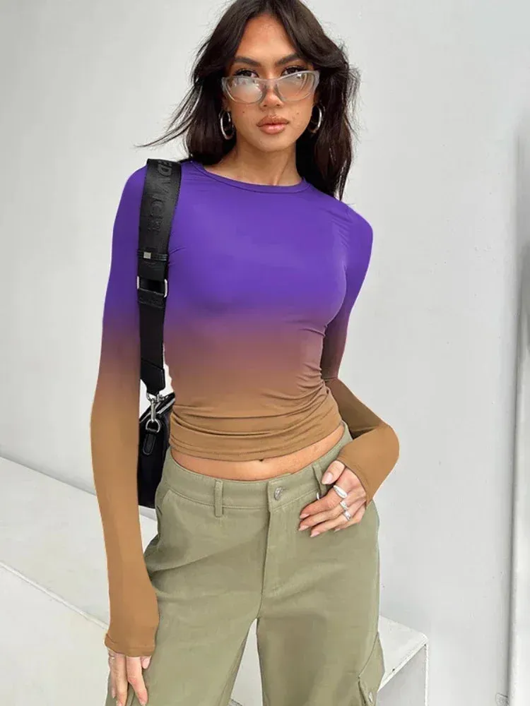 Gradient Printed Fitted Crop Tops Womans Clothing Fall Winter Casual Long Sleeve Shirt Y2k Clothes for Women C85-BZ14