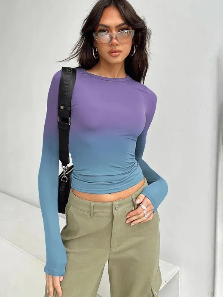 Gradient Printed Fitted Crop Tops Womans Clothing Fall Winter Casual Long Sleeve Shirt Y2k Clothes for Women C85-BZ14