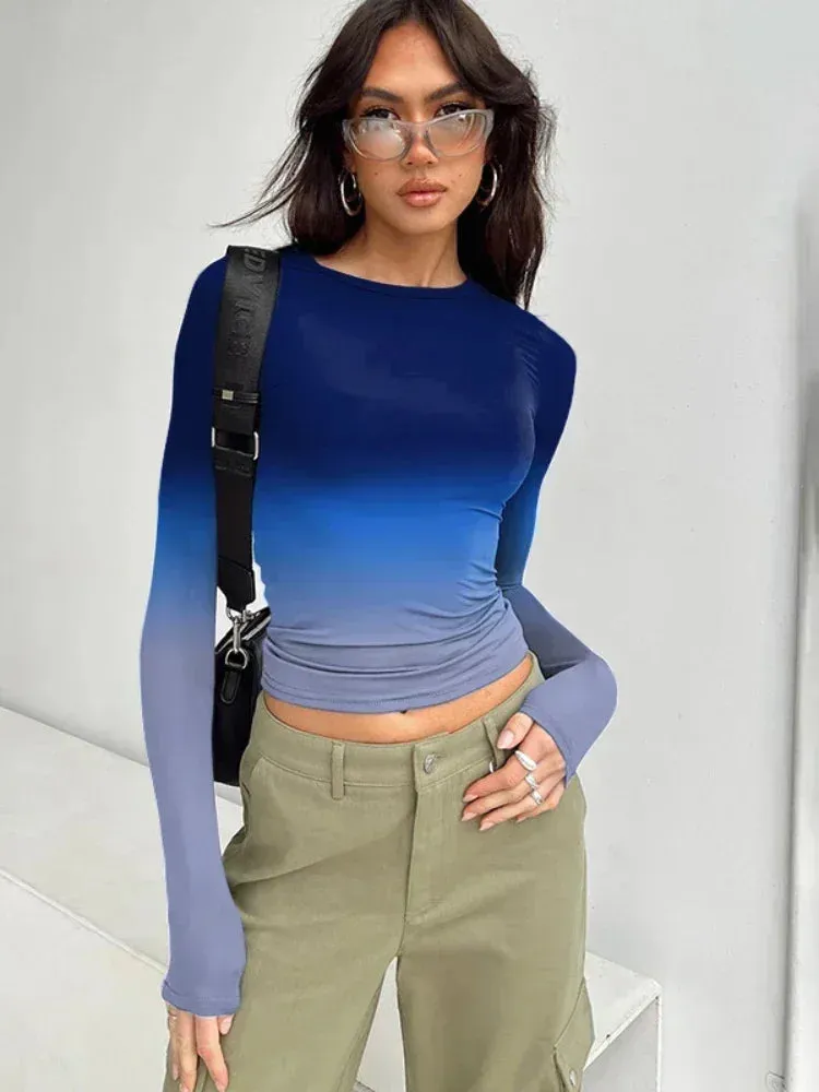 Gradient Printed Fitted Crop Tops Womans Clothing Fall Winter Casual Long Sleeve Shirt Y2k Clothes for Women C85-BZ14