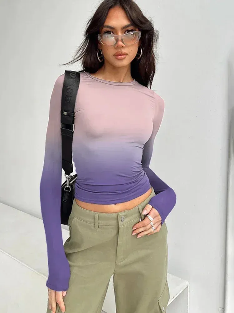 Gradient Printed Fitted Crop Tops Womans Clothing Fall Winter Casual Long Sleeve Shirt Y2k Clothes for Women C85-BZ14