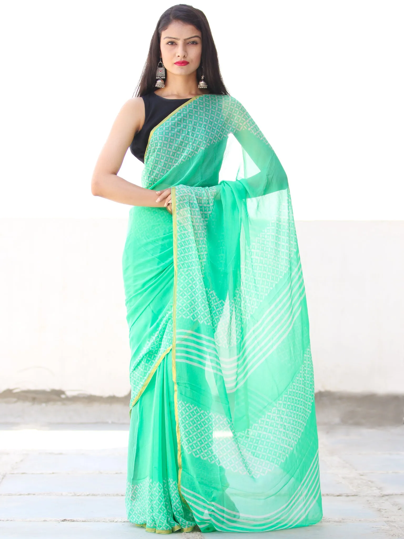 Greeen White Hand Block Printed Chiffon Saree with Zari Border - S031703914