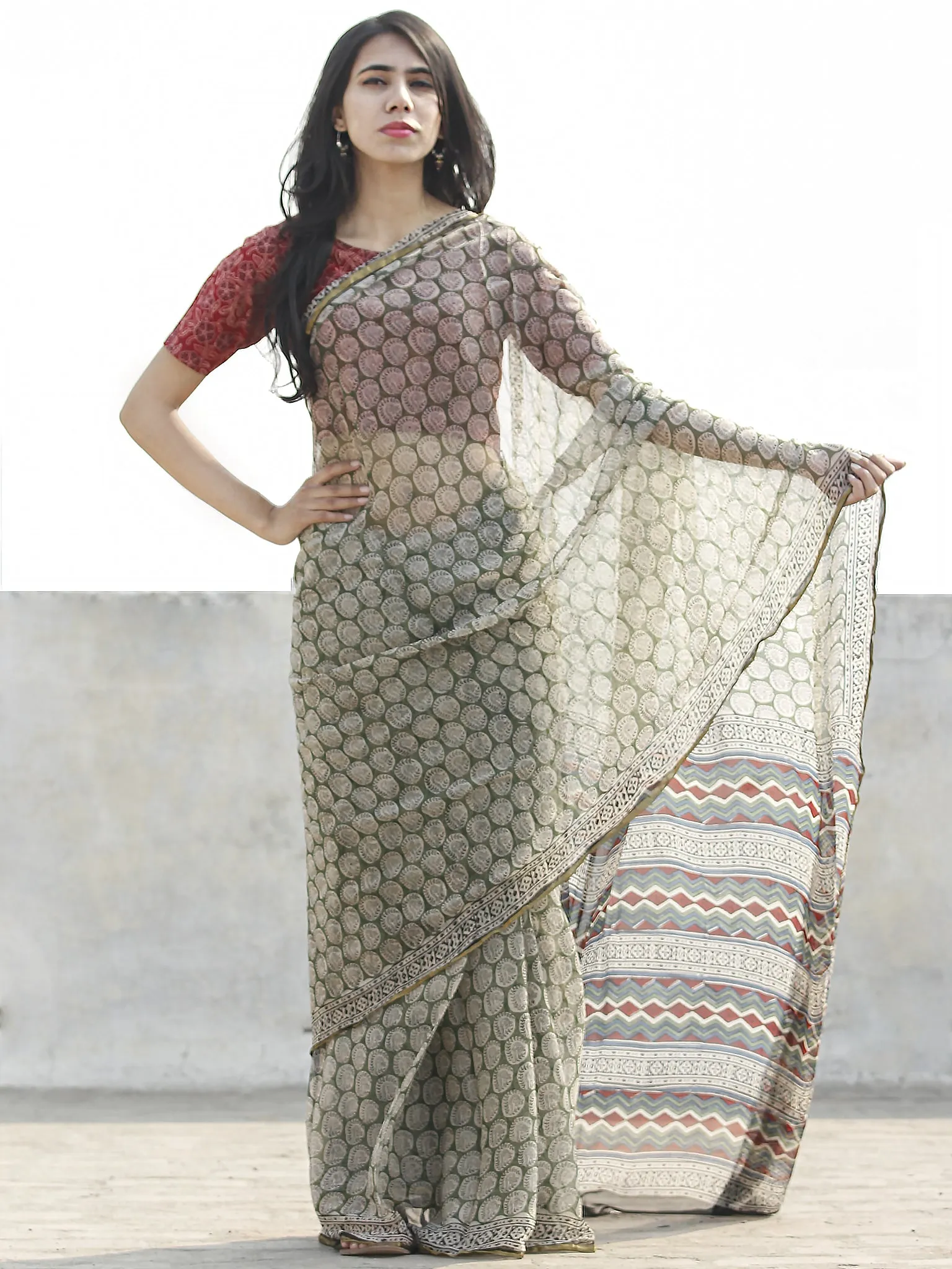 Green & Ivory Hand Block Printed Chiffon Saree with zari border- S031702672