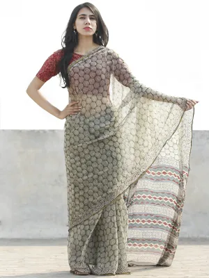 Green & Ivory Hand Block Printed Chiffon Saree with zari border- S031702672