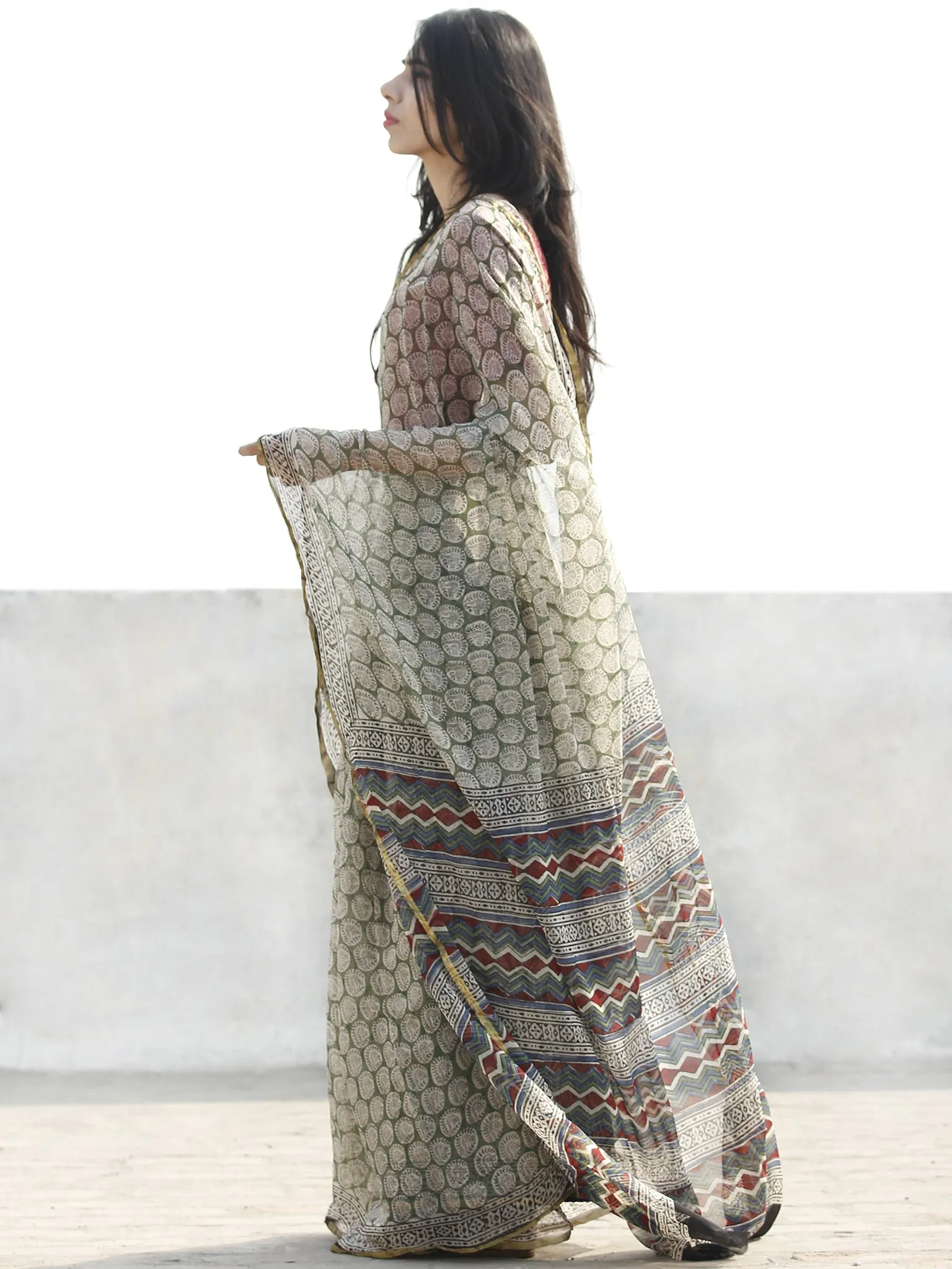 Green & Ivory Hand Block Printed Chiffon Saree with zari border- S031702672