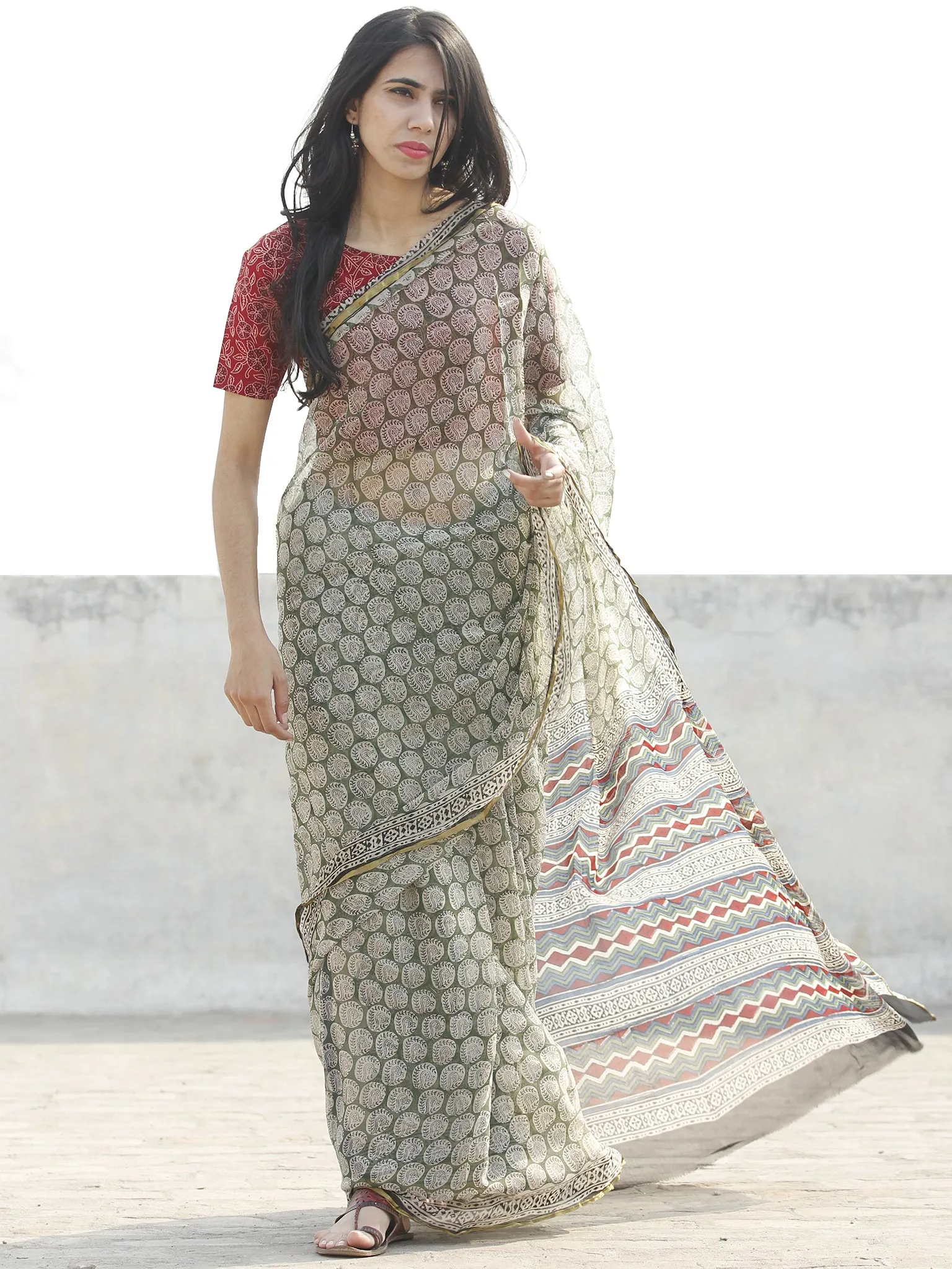 Green & Ivory Hand Block Printed Chiffon Saree with zari border- S031702672