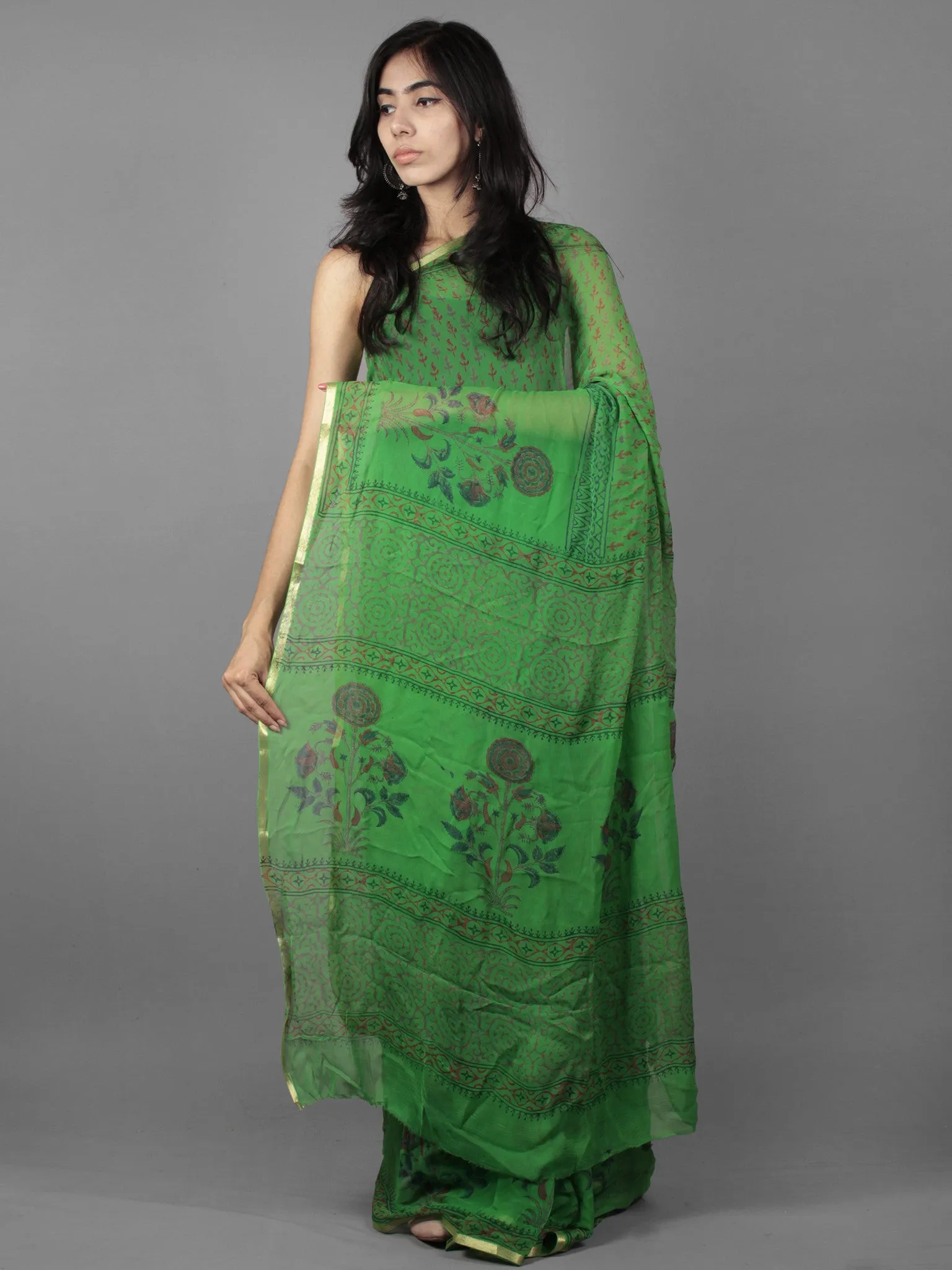 Green Blue Maroon Hand Block Printed Chiffon Saree - S031701897