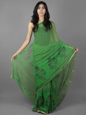 Green Blue Maroon Hand Block Printed Chiffon Saree - S031701897