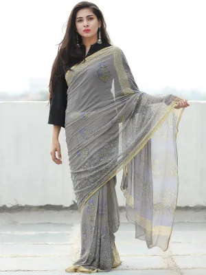 Grey Blue Yellow Hand Block Printed Chiffon Saree with Zari Border - S031703951
