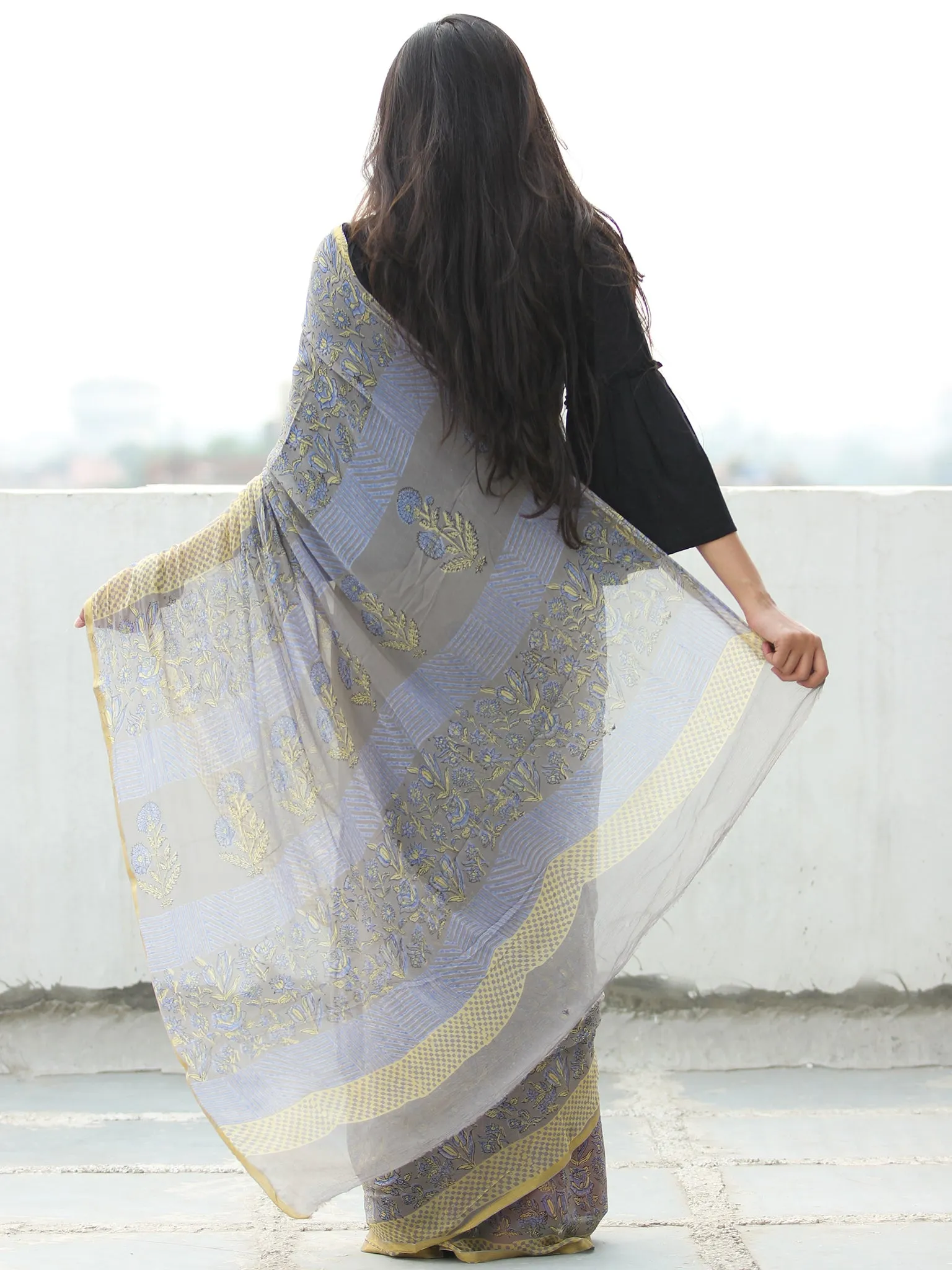 Grey Blue Yellow Hand Block Printed Chiffon Saree with Zari Border - S031703951