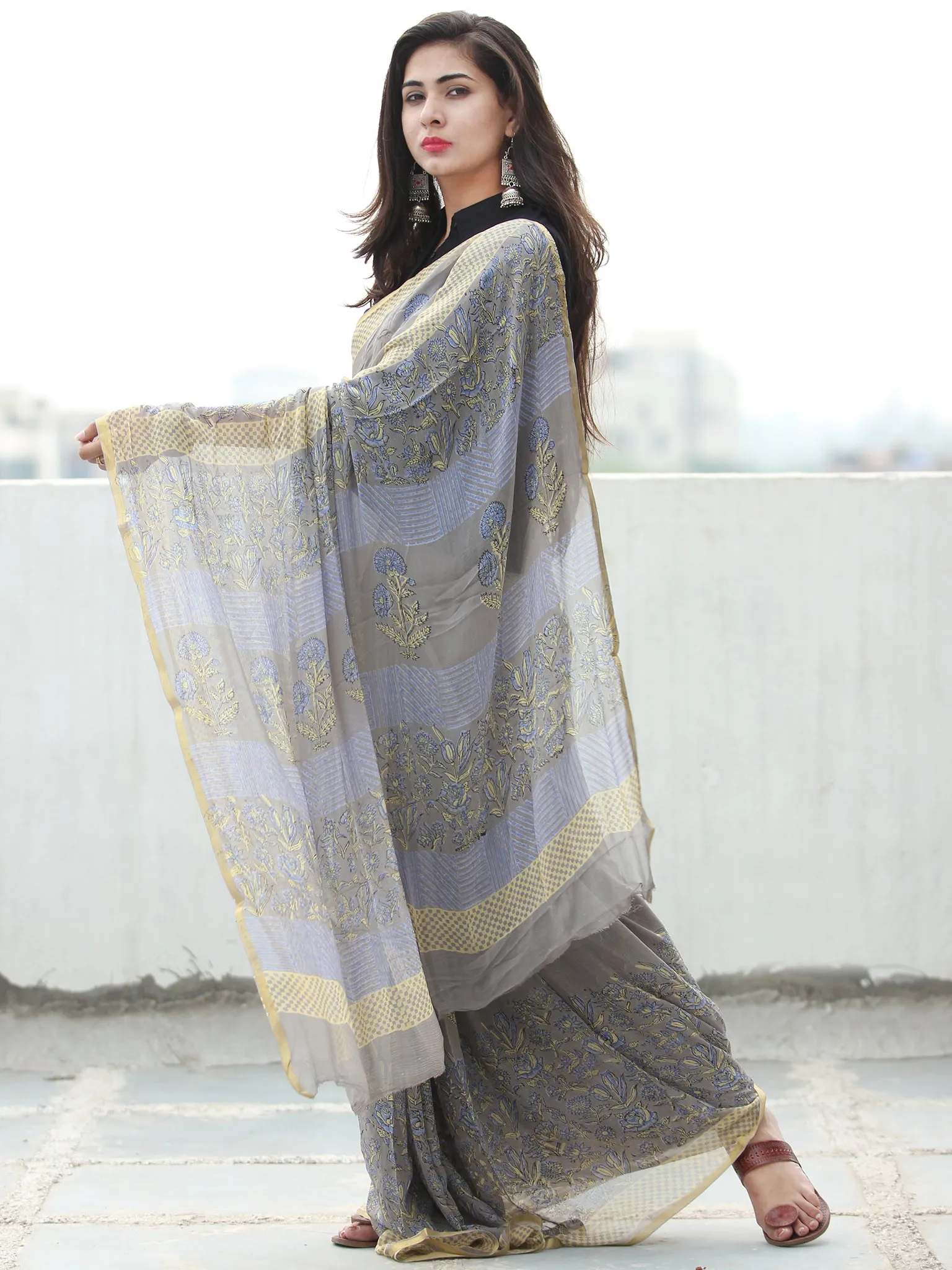 Grey Blue Yellow Hand Block Printed Chiffon Saree with Zari Border - S031703951