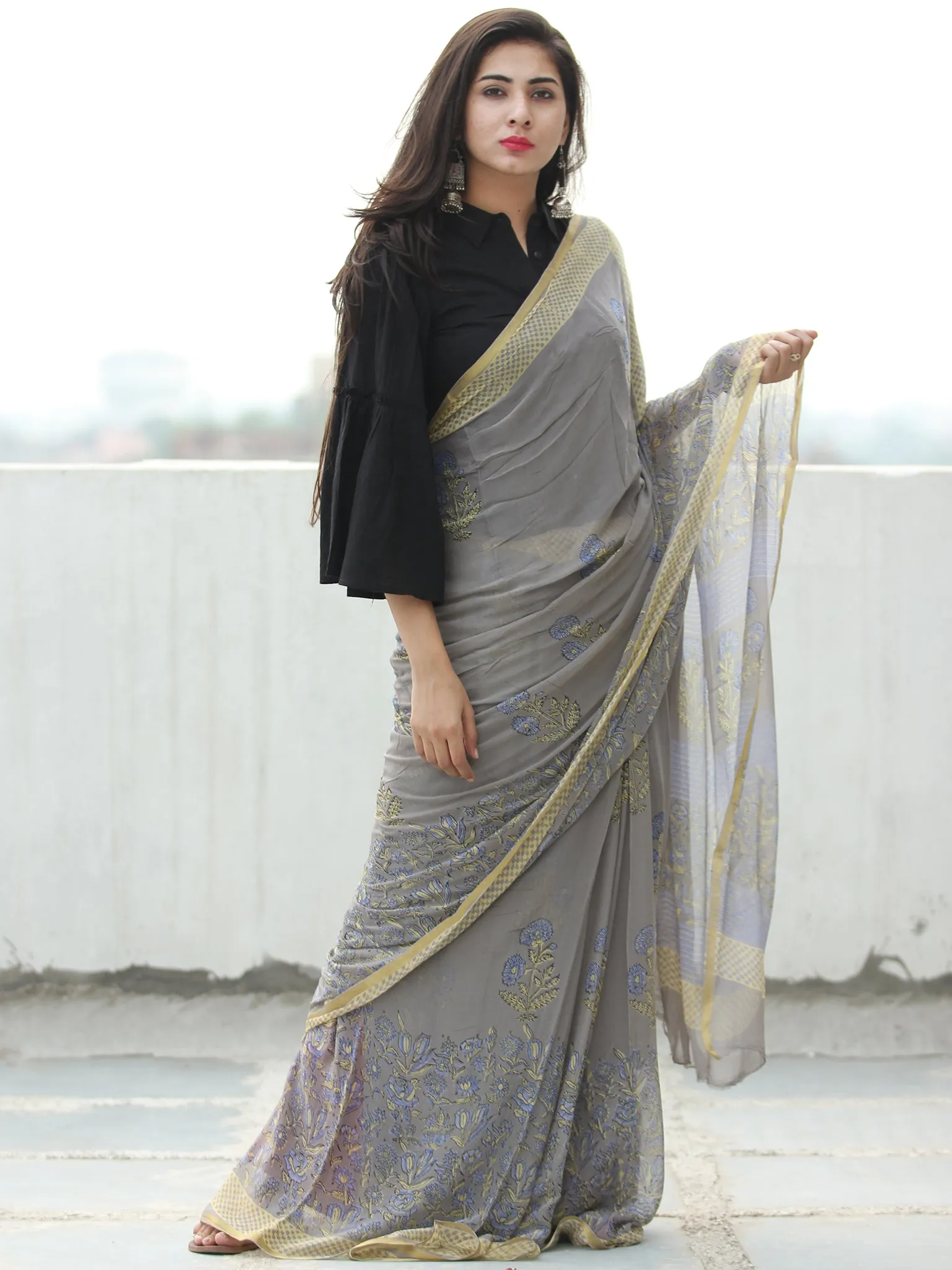 Grey Blue Yellow Hand Block Printed Chiffon Saree with Zari Border - S031703951