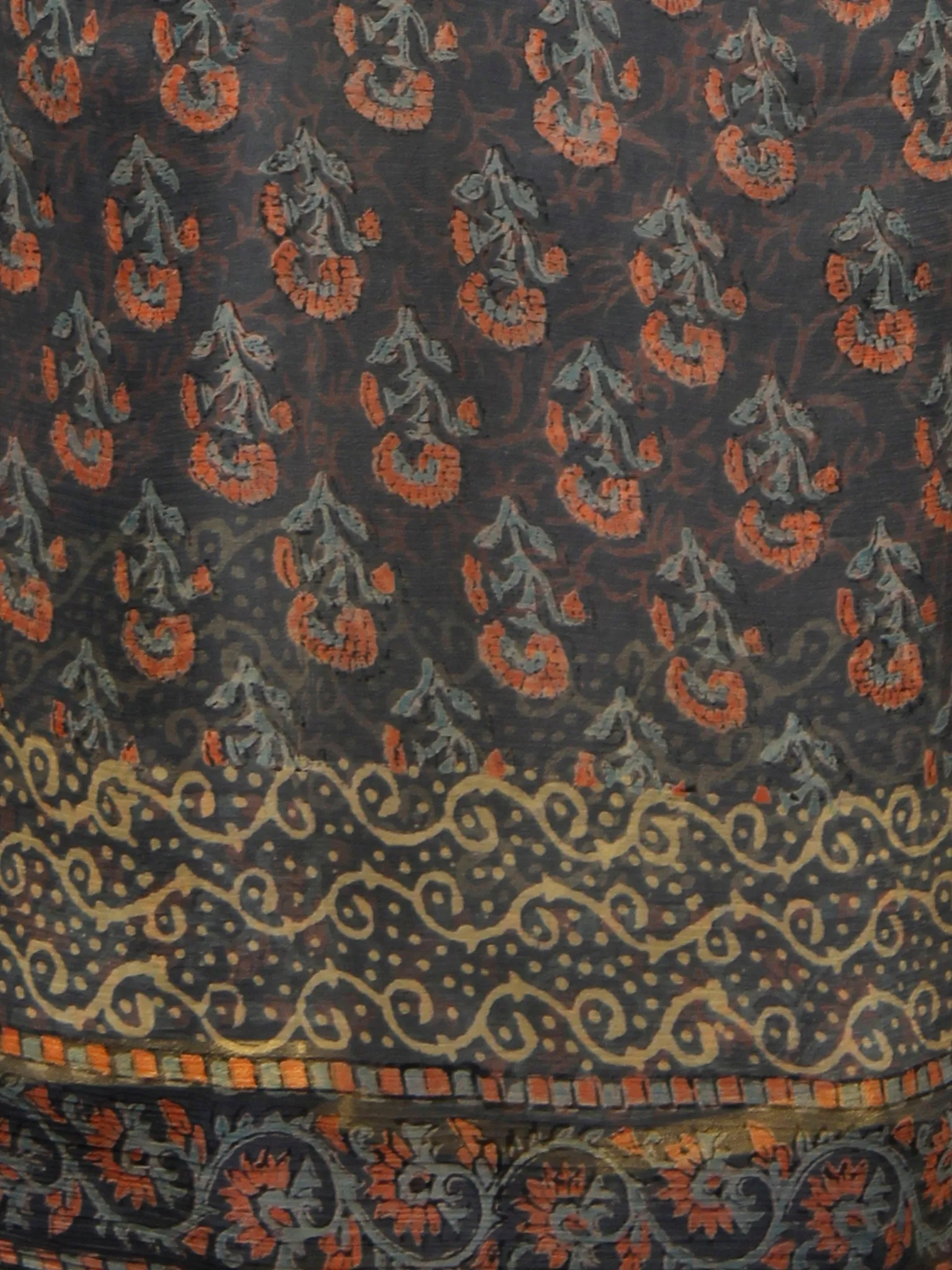 Grey Coral Lime Hand Block Printed Chiffon Saree with Zari Border - S031702790