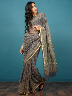 Grey Coral Lime Hand Block Printed Chiffon Saree with Zari Border - S031702790