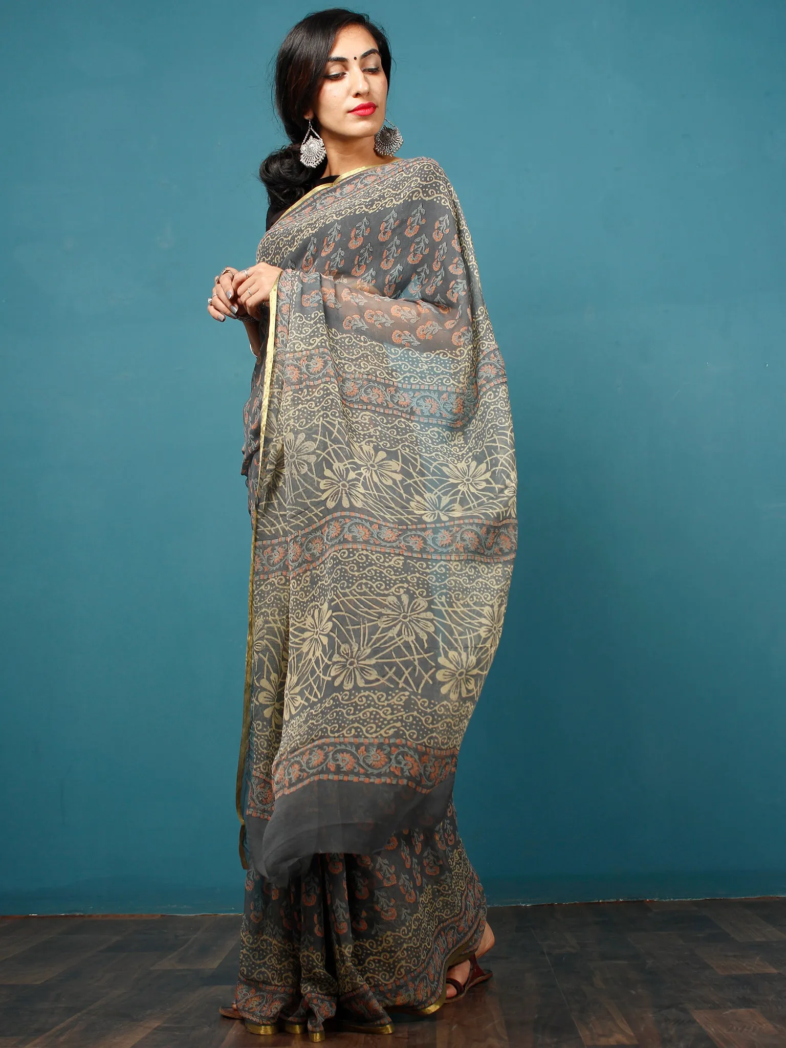 Grey Coral Lime Hand Block Printed Chiffon Saree with Zari Border - S031702790