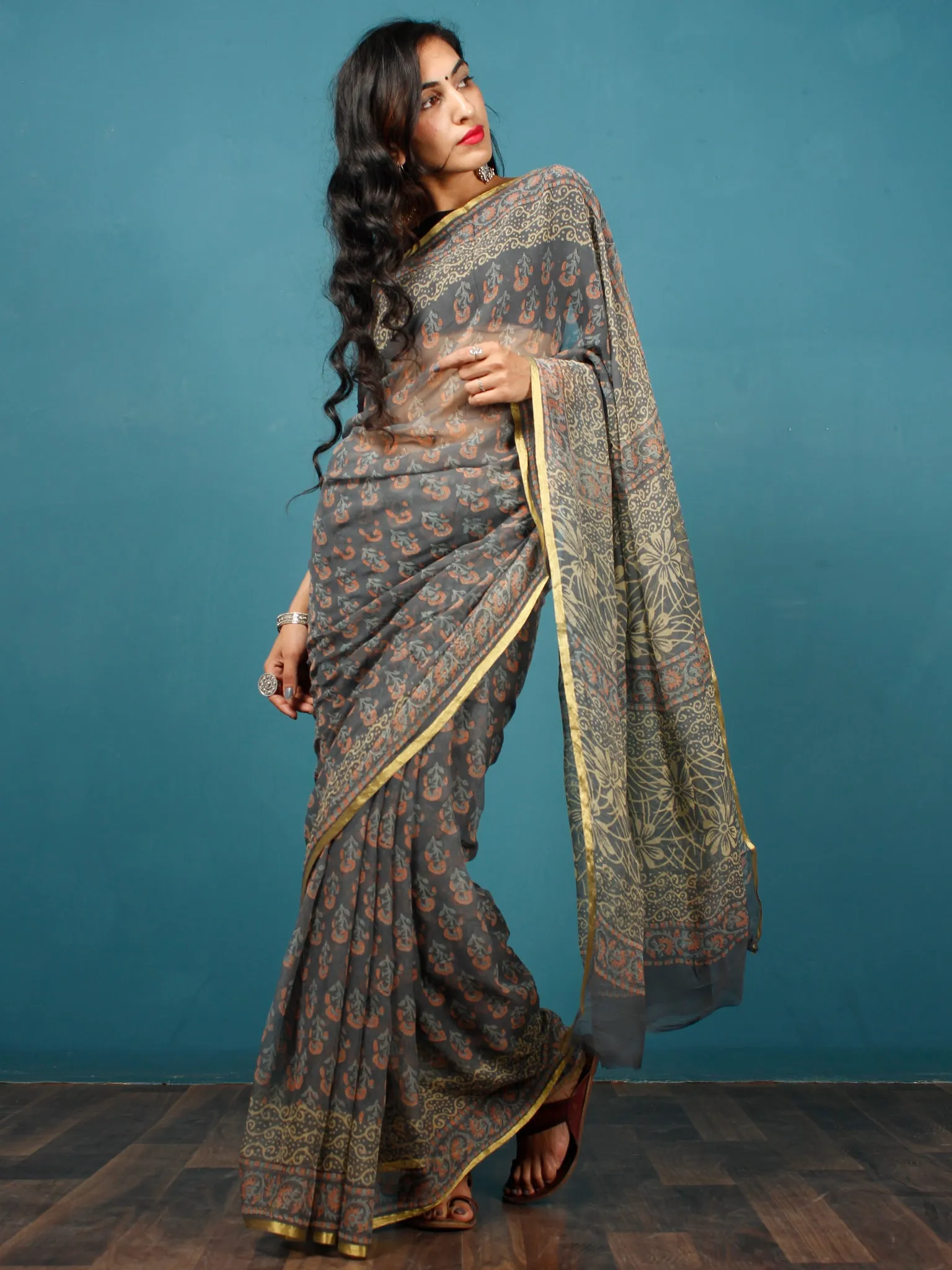 Grey Coral Lime Hand Block Printed Chiffon Saree with Zari Border - S031702790