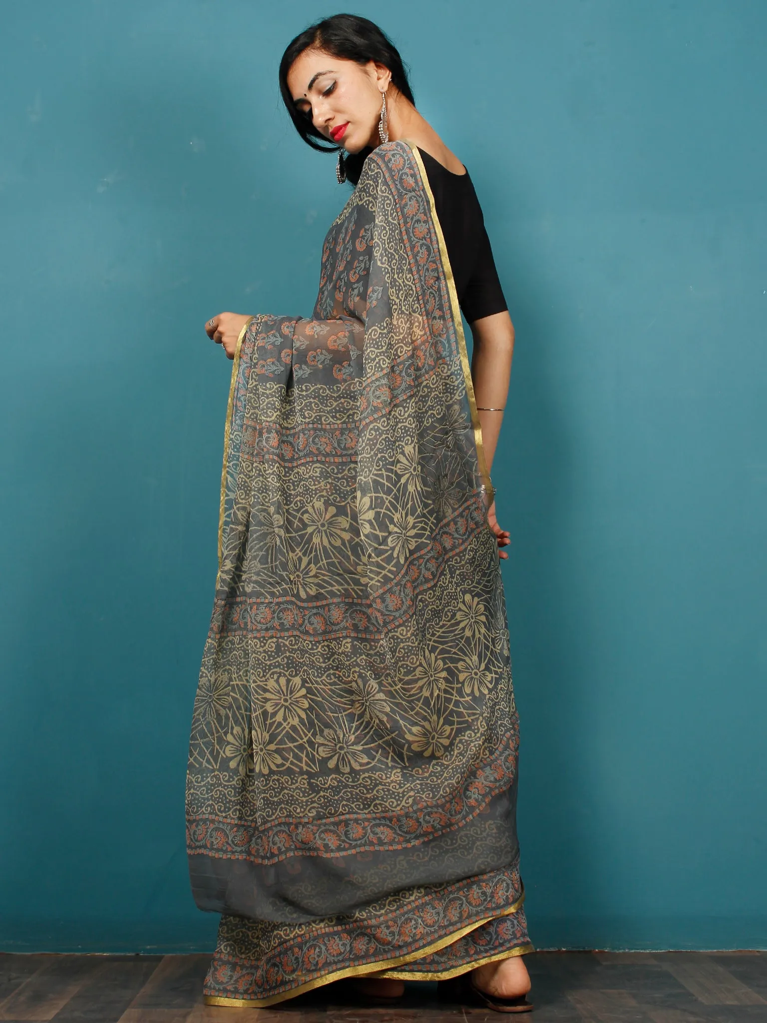 Grey Coral Lime Hand Block Printed Chiffon Saree with Zari Border - S031702790