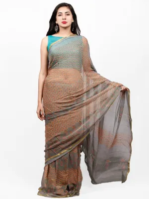 Grey Peach Hand Block Printed Chiffon Saree with Zari Border - S031703275