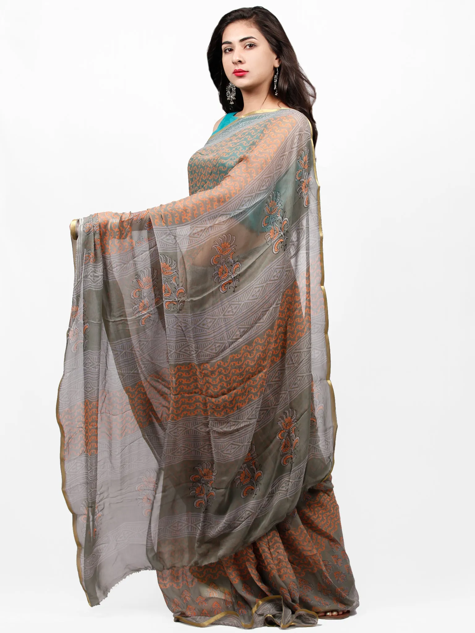 Grey Peach Hand Block Printed Chiffon Saree with Zari Border - S031703275