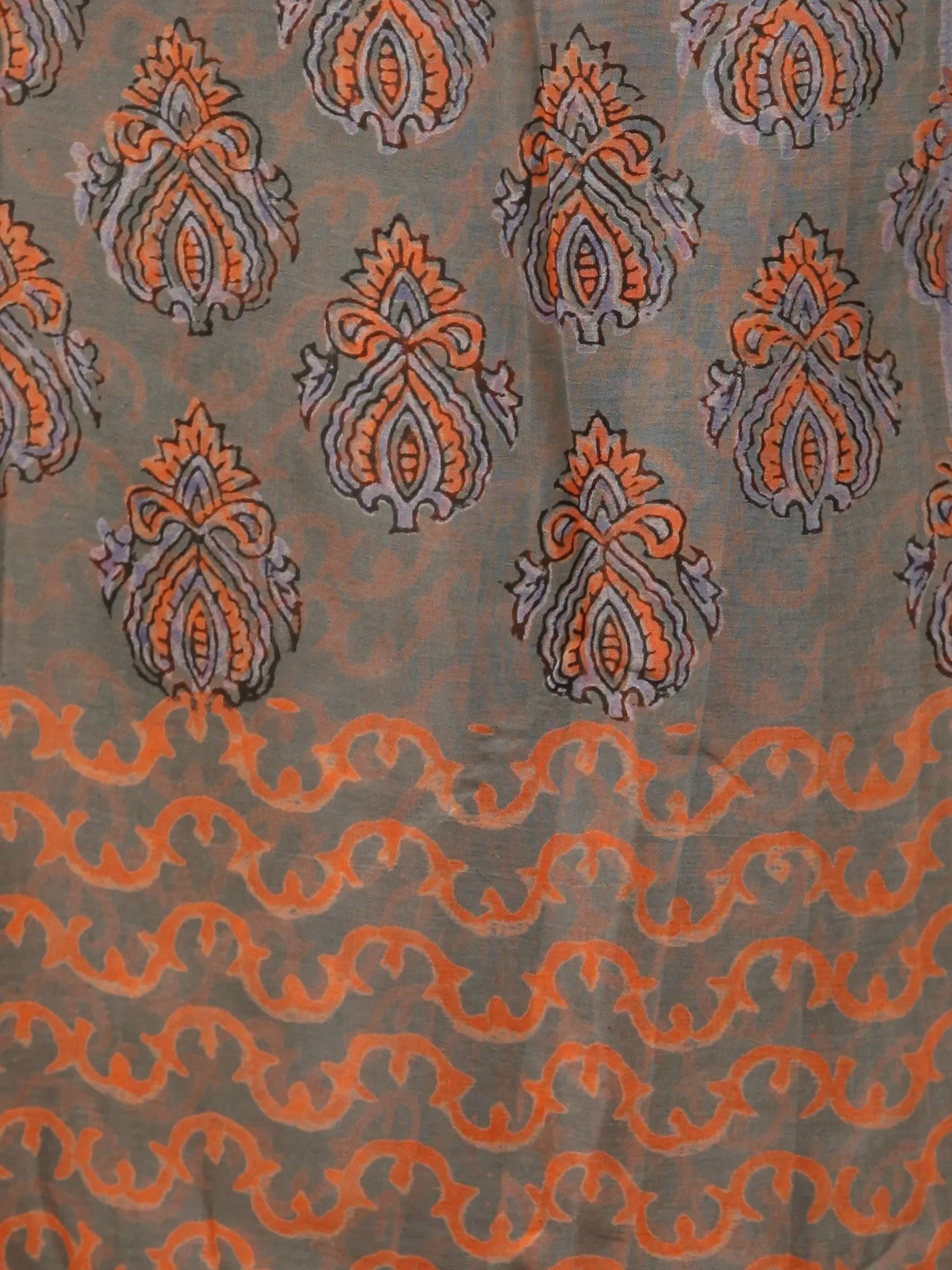 Grey Peach Hand Block Printed Chiffon Saree with Zari Border - S031703275
