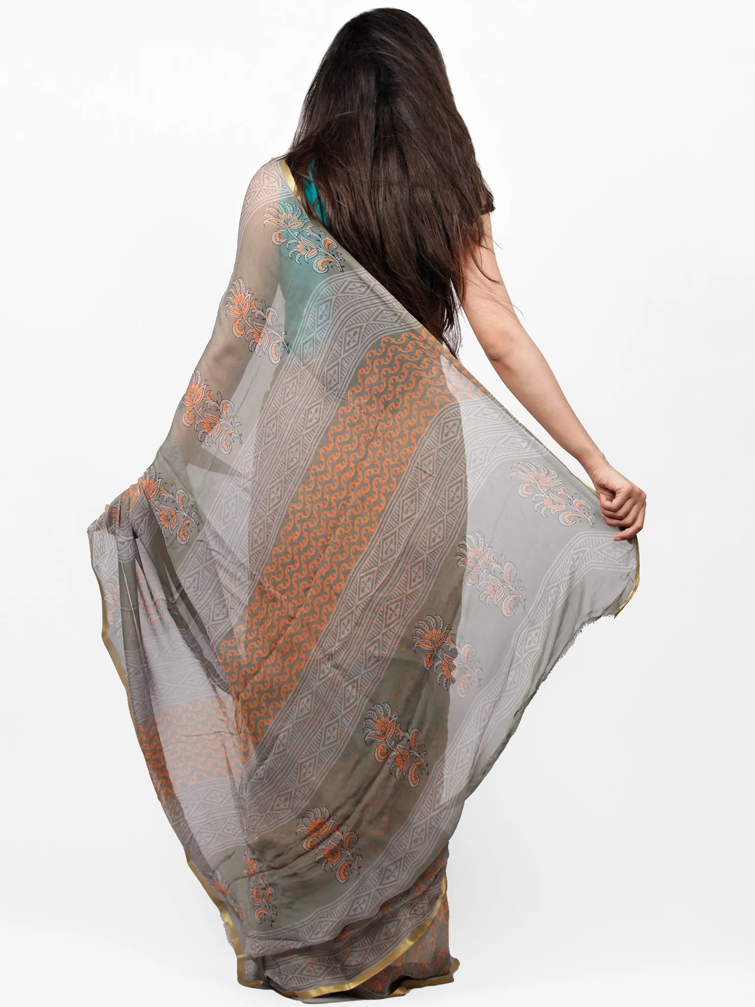 Grey Peach Hand Block Printed Chiffon Saree with Zari Border - S031703275