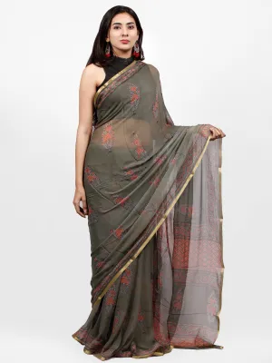 Grey Pink Hand Block Printed Chiffon Saree with Zari Border - S031703247