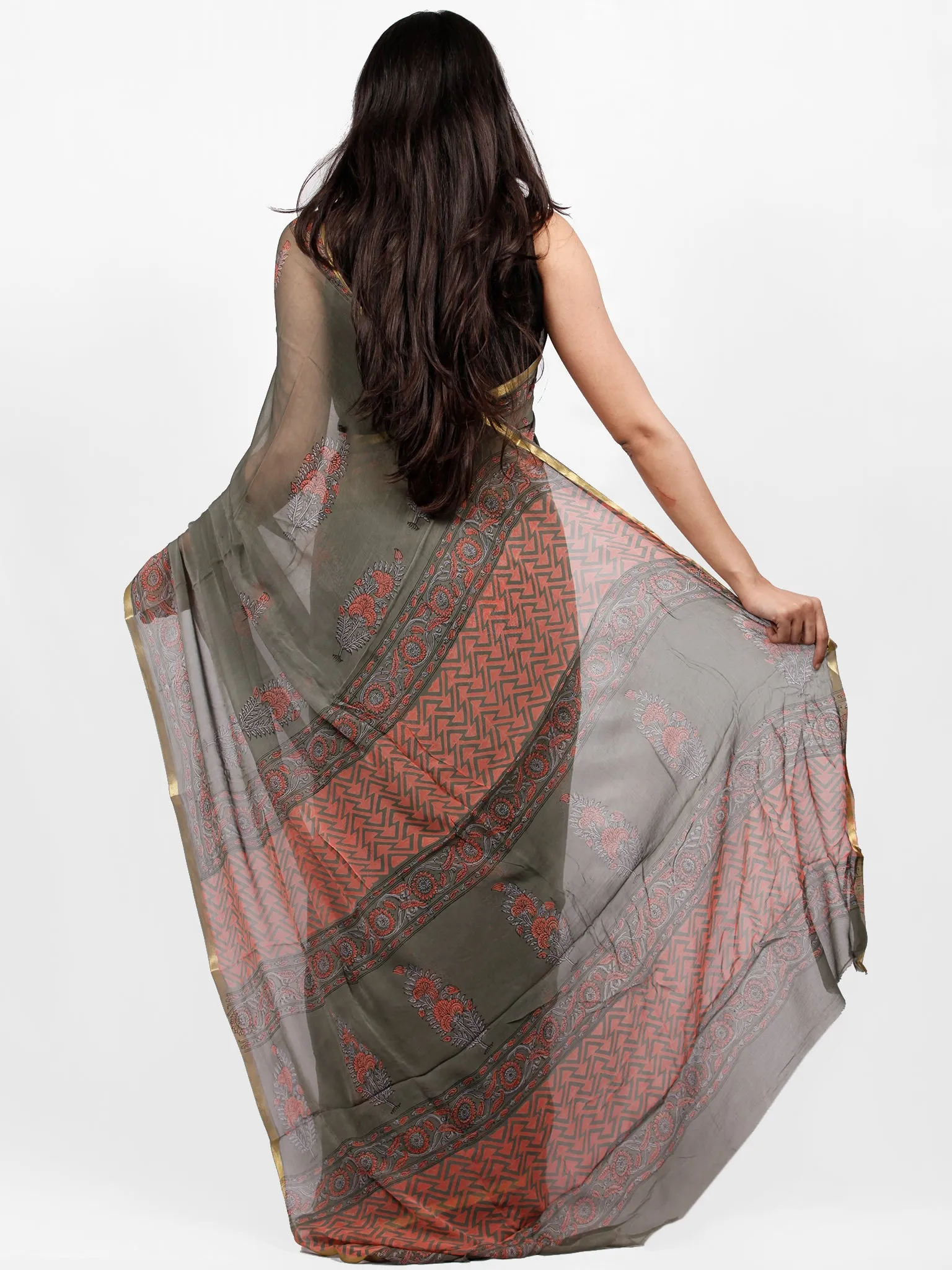 Grey Pink Hand Block Printed Chiffon Saree with Zari Border - S031703247