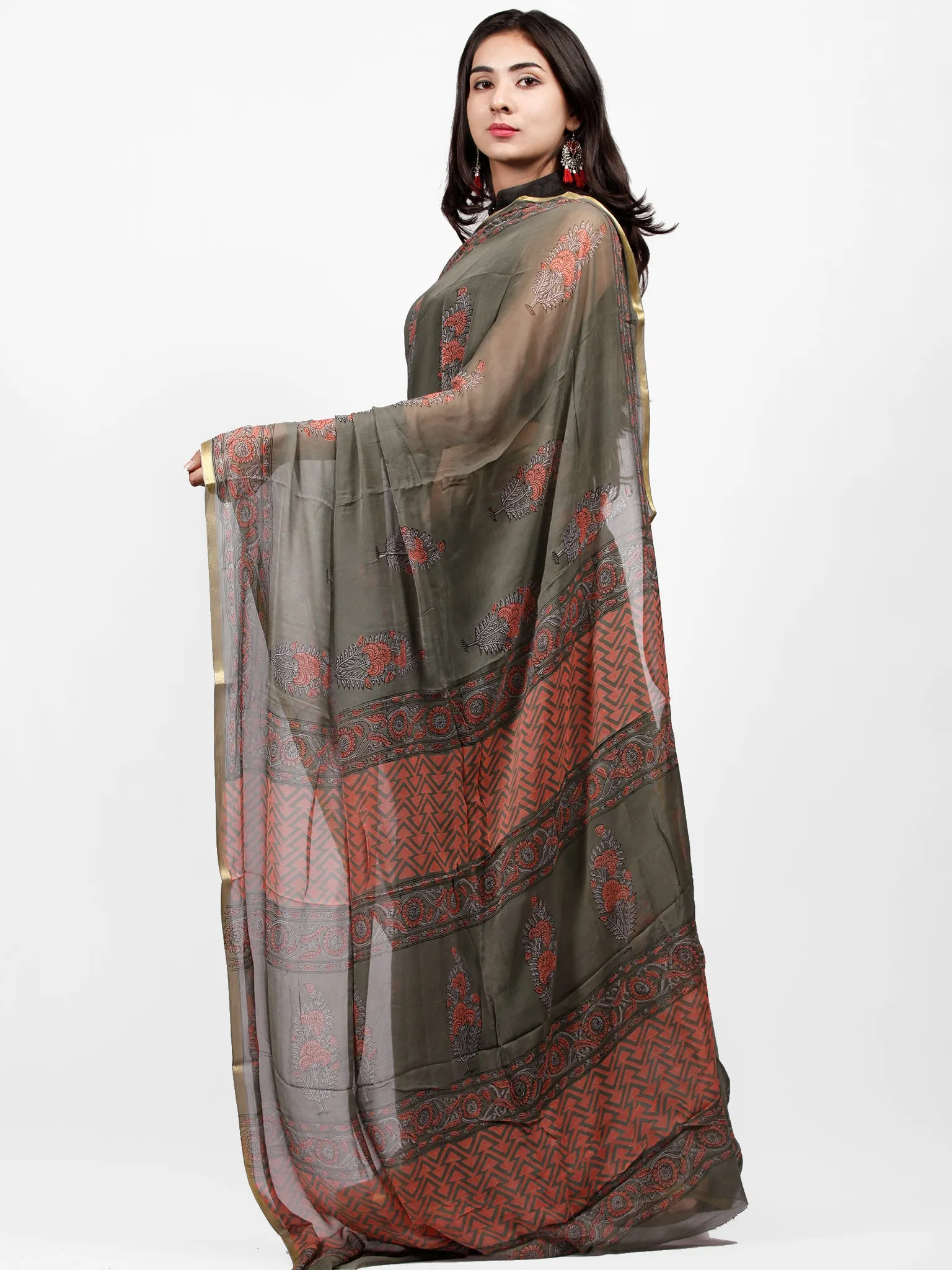 Grey Pink Hand Block Printed Chiffon Saree with Zari Border - S031703247