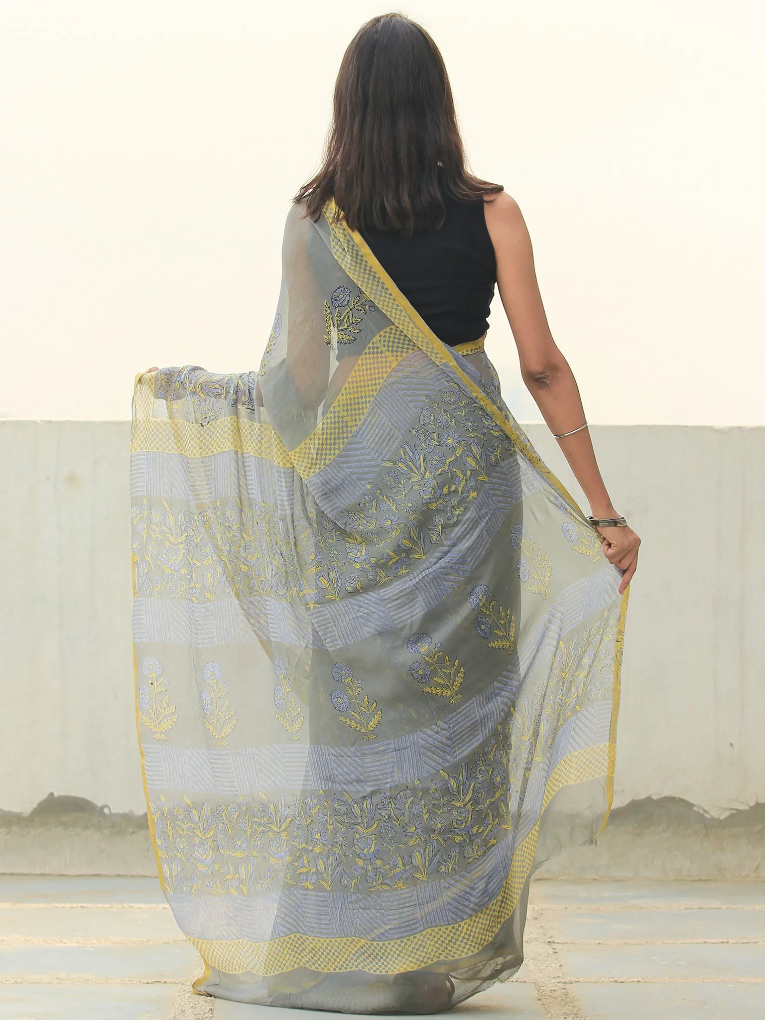 Grey Yellow Hand Block Printed Chiffon Saree with Zari Border - s031704108