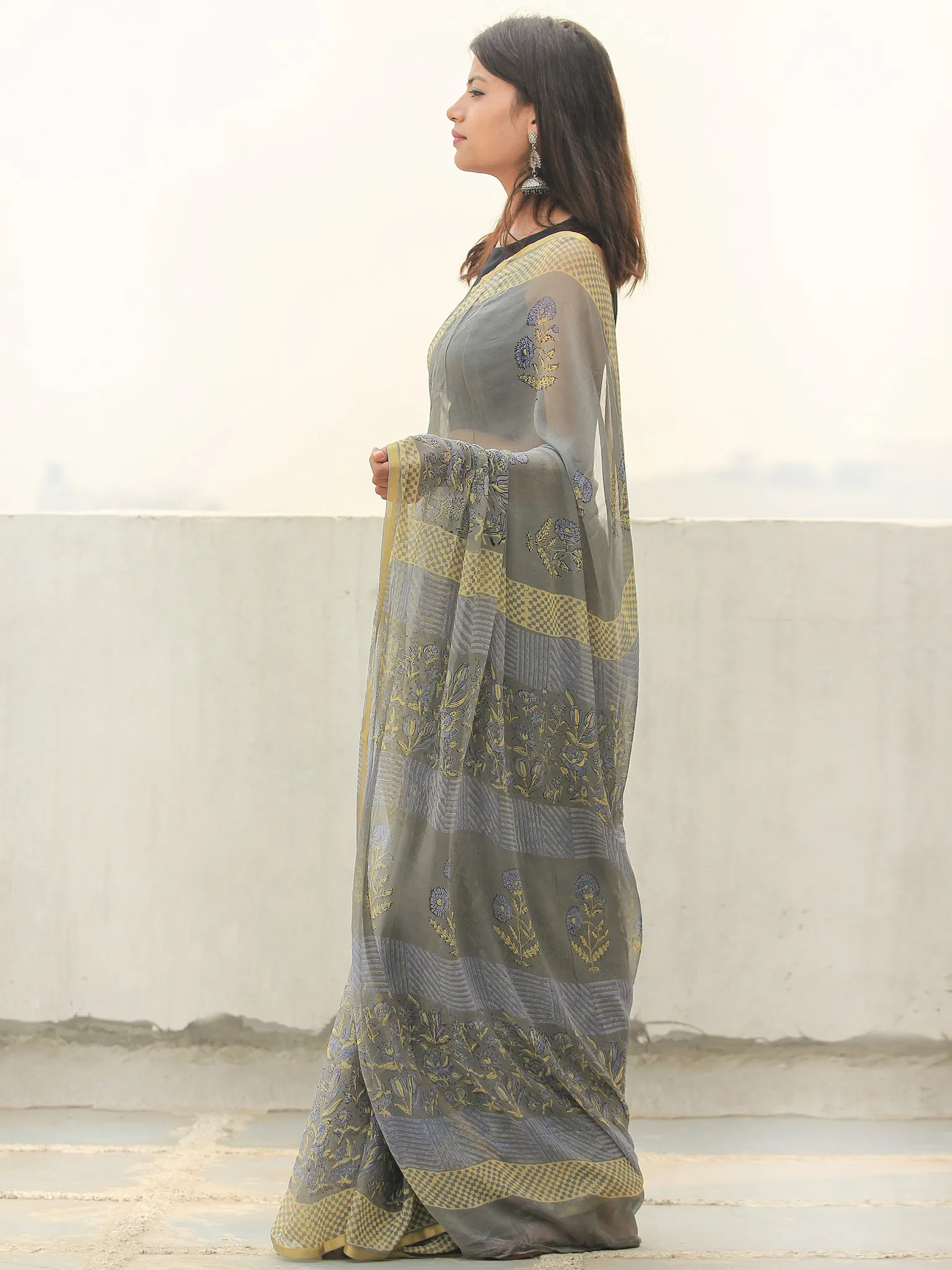 Grey Yellow Hand Block Printed Chiffon Saree with Zari Border - s031704108